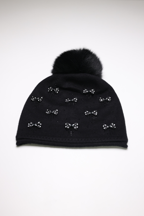 Black Hat with Scattered Bows and Fox Fur Pom Pom