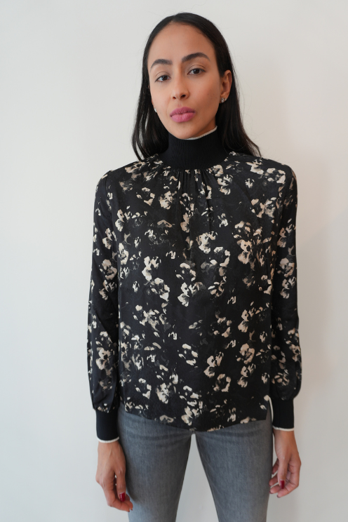 Printed High-Neck Blouse with Knit Trim