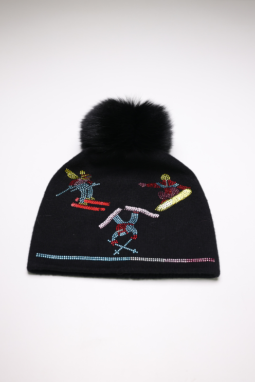 Black Hat With Skiers and Fox Pom Pom