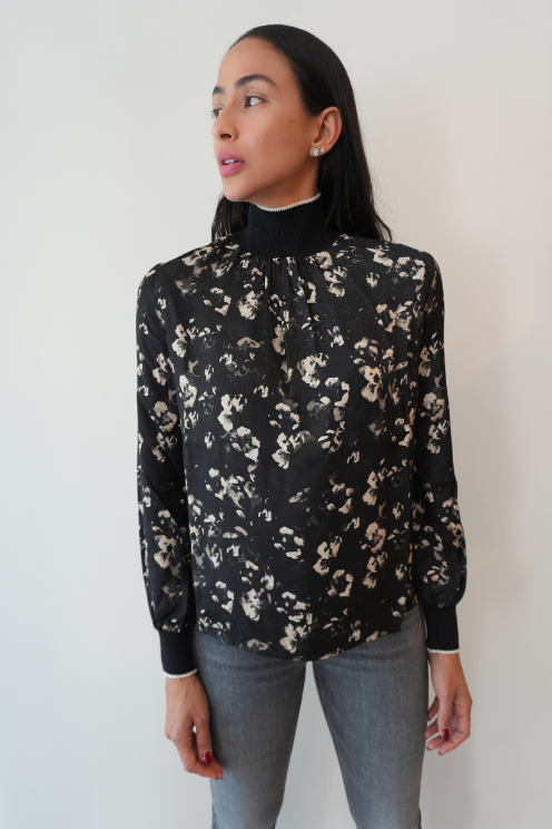 Printed High-Neck Blouse with Knit Trim
