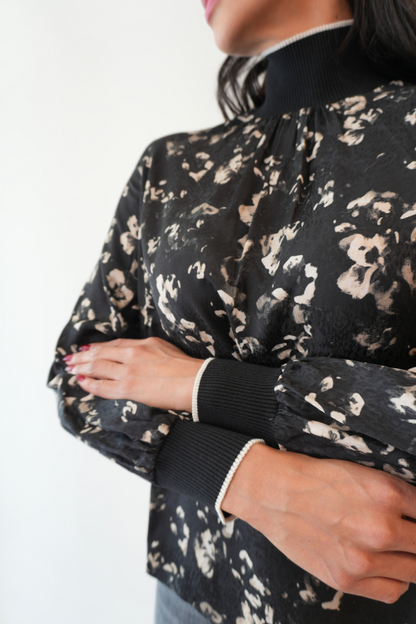 Printed High-Neck Blouse with Knit Trim