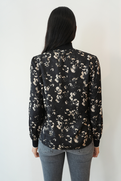 Printed High-Neck Blouse with Knit Trim