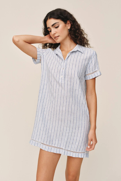 Short Sleeve Pullover Shirt Dress - Ocean Blue Stripes