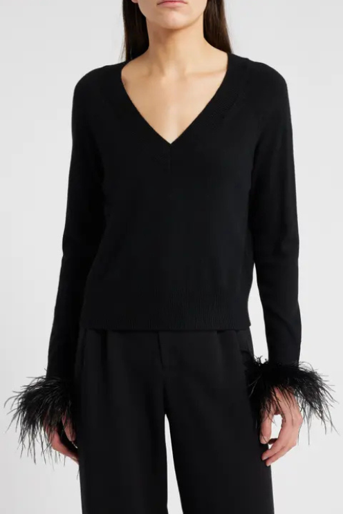 Feather Cuff V-Neck Sweater