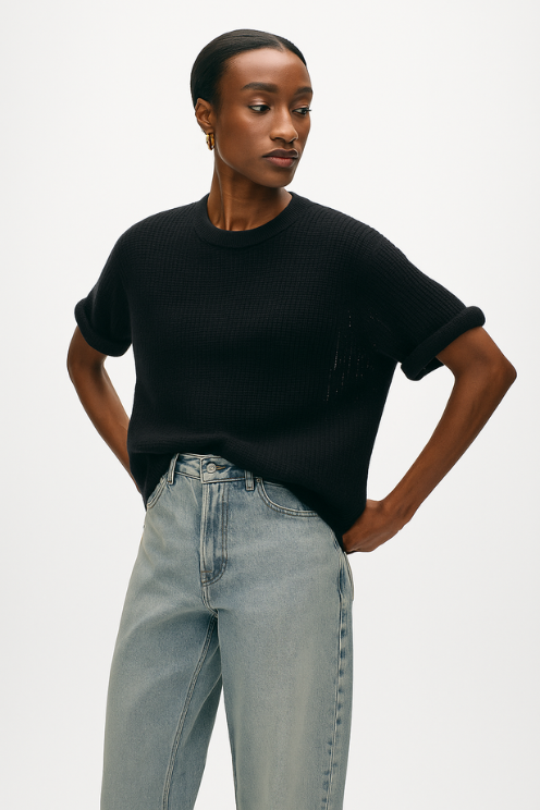 Cashmere Waffle Mesh Tee in Black