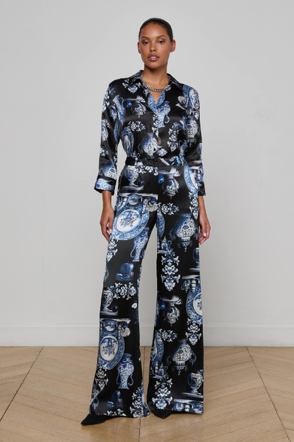 Pilar Silk Wide-Leg Pant - Porcelain Print