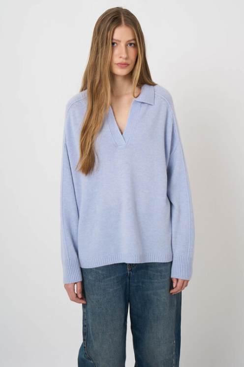 Wool-Cashmere Sweater with Ribbed Polo Neckline