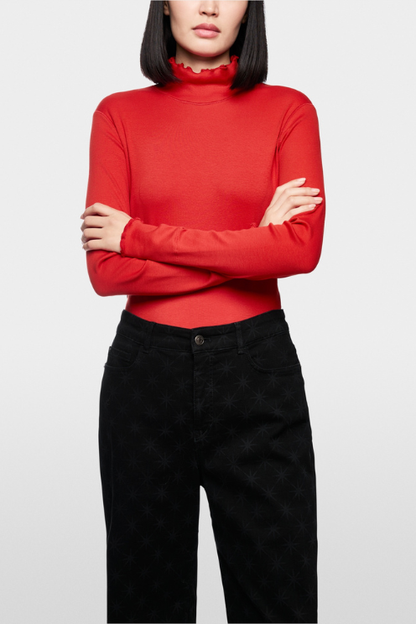 Fine Ribbed Ruffle Sleeve Turtleneck