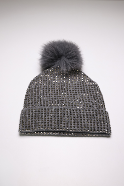 Charcoal Crystal Beanie Fox Pom Pom
