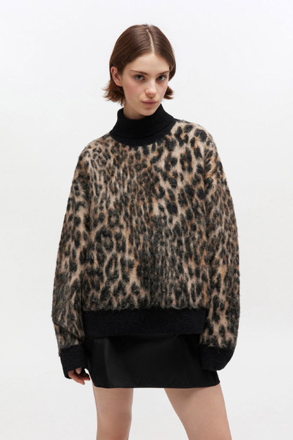 Soft Wool Leopard Oversized Turtleneck