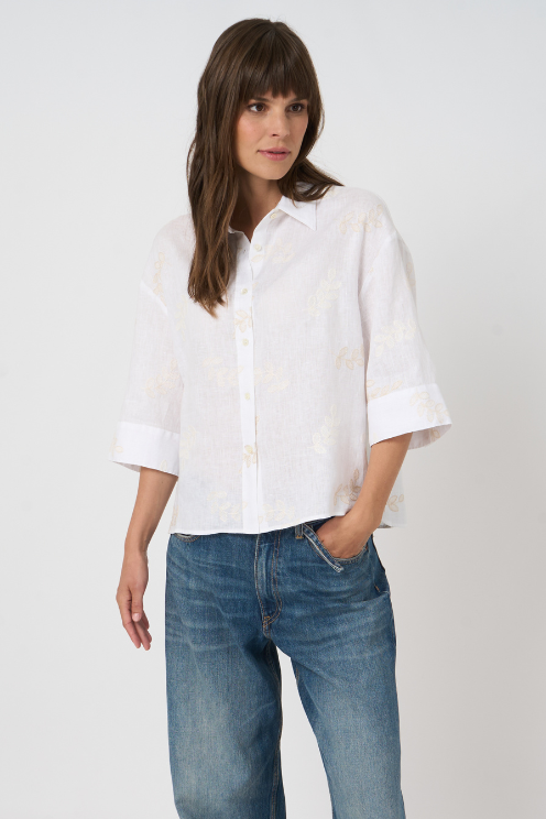 Tonal Embroidered Linen Blouse