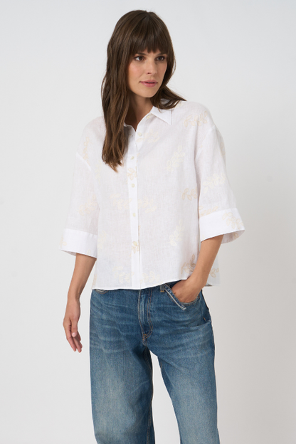Tonal Embroidered Linen Blouse