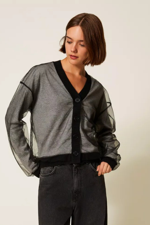 Knit Cardigan with Tulle