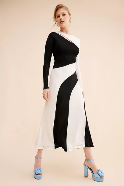 Black and White Cut-Out Long Sleeve Midi Dress