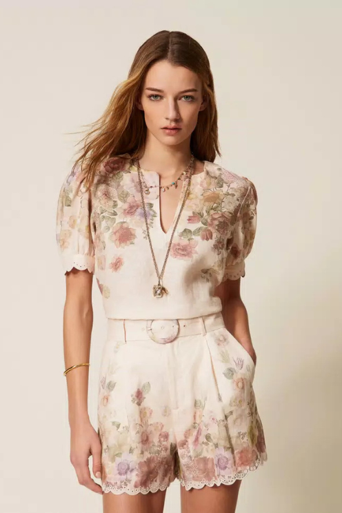 Linen Floral Embroidered Shorts