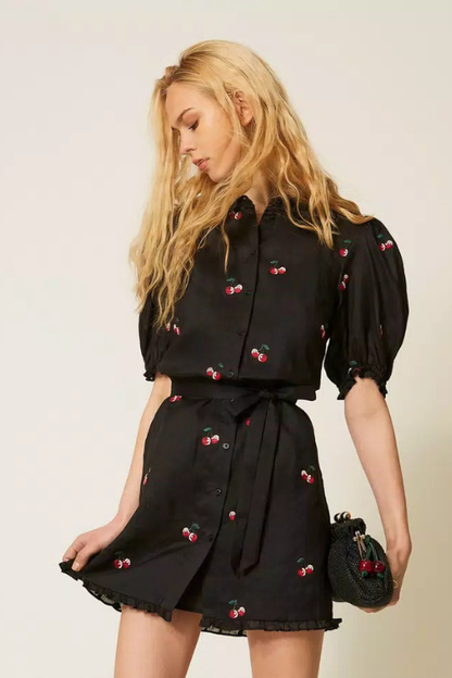 Cherry Embroidered Ramie Dress