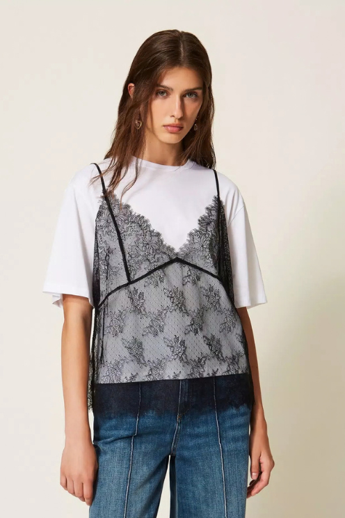 Crew Neck Tee with Lace Cami