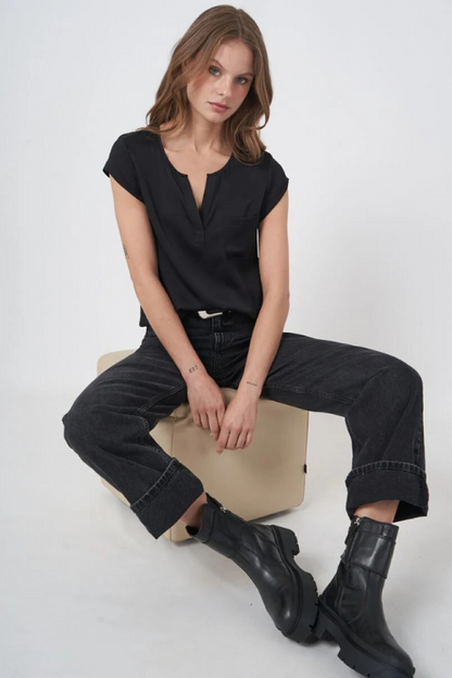 Short Sleeve Silk Top with Pocket
