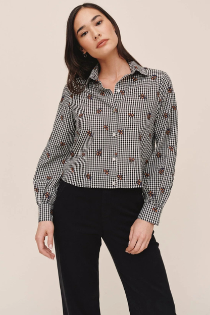 Long Sleeve Crop Button Down - Micro Floral Gingham