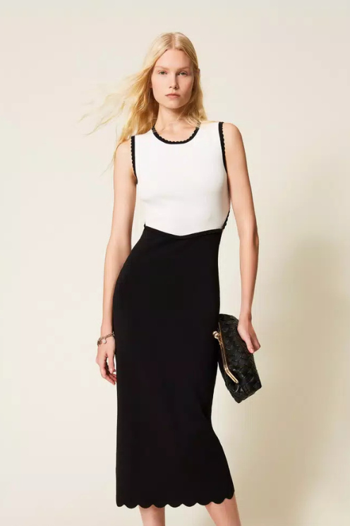 Scalloped Contrast Midi Dress