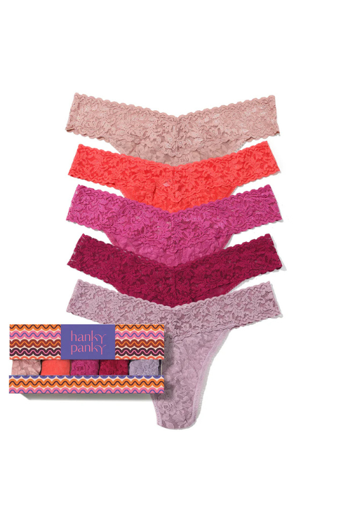 5 Pack Signature Lace® Original Rise Thongs In Wild Rose Printed Box