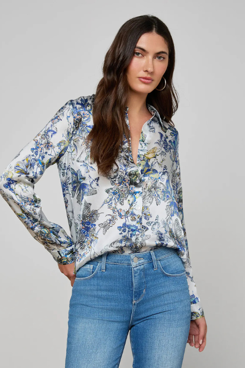 Tyler Silk Blouse - Grey Butterfly