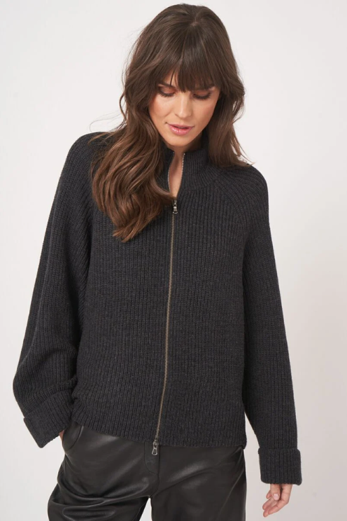 Wool Knitted Cardigan in Dark Grey