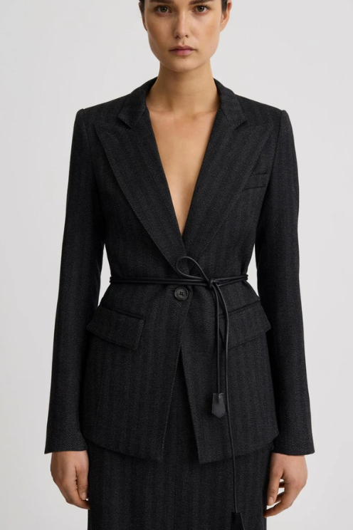Longline Peaked Lapel Blazer - Slate Herringbone