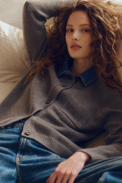 Cashmere-Wool Cardigan with Denim Collar