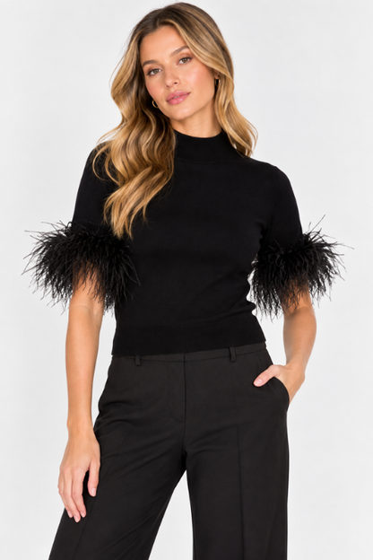 Short Sleeve Feather Mockneck