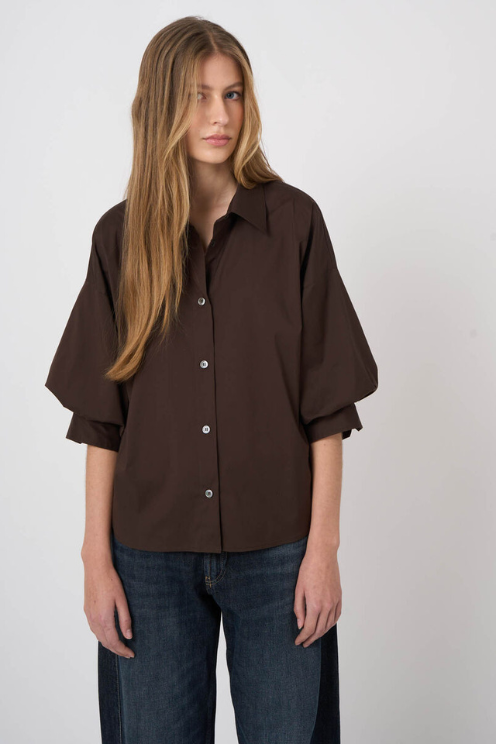 Stretch Cotton Poplin Blouse with Layered Sleeves