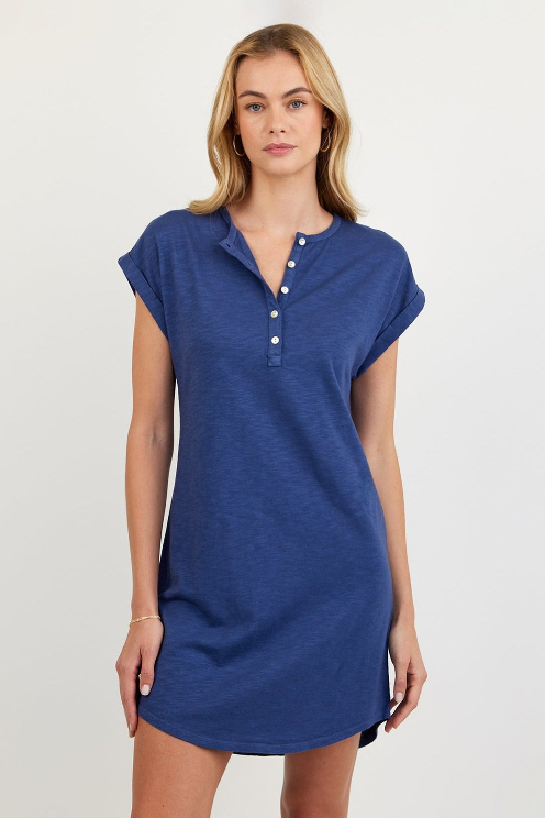 Cap Sleeve Placket Dress - Midnight Surf