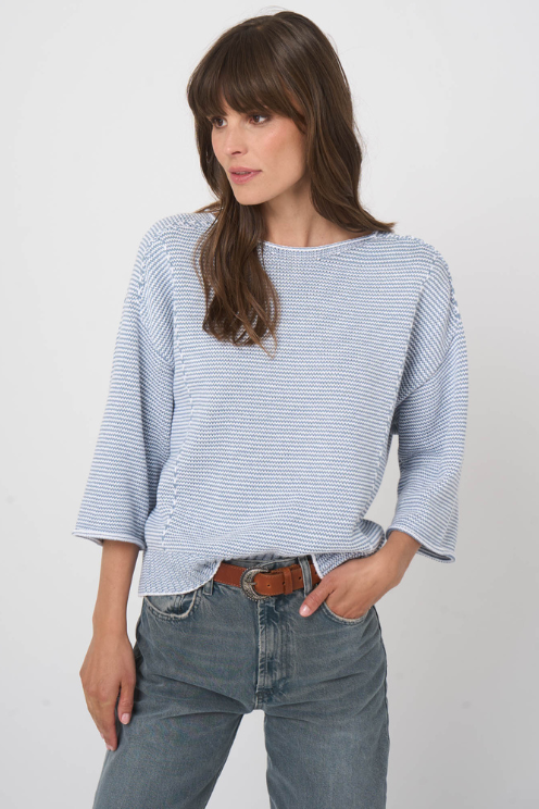 Tonal Striped Cotton Boat Neck Sweater