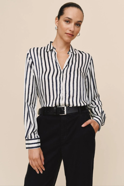High Low Hem Shirt - Indigo Ink Stripe
