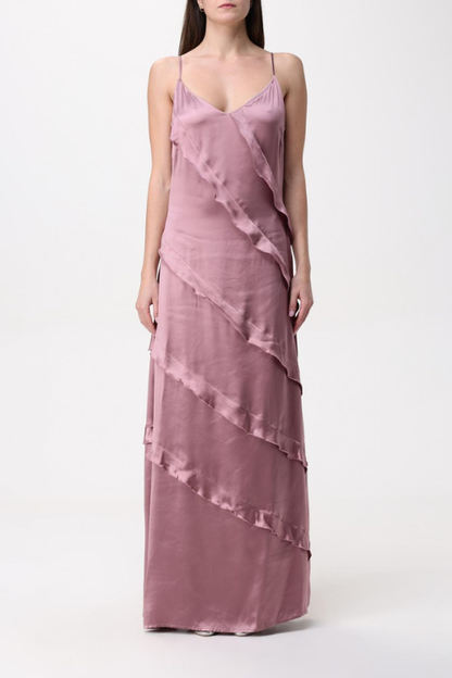 Twinset Long Satin Dress with Ruffles