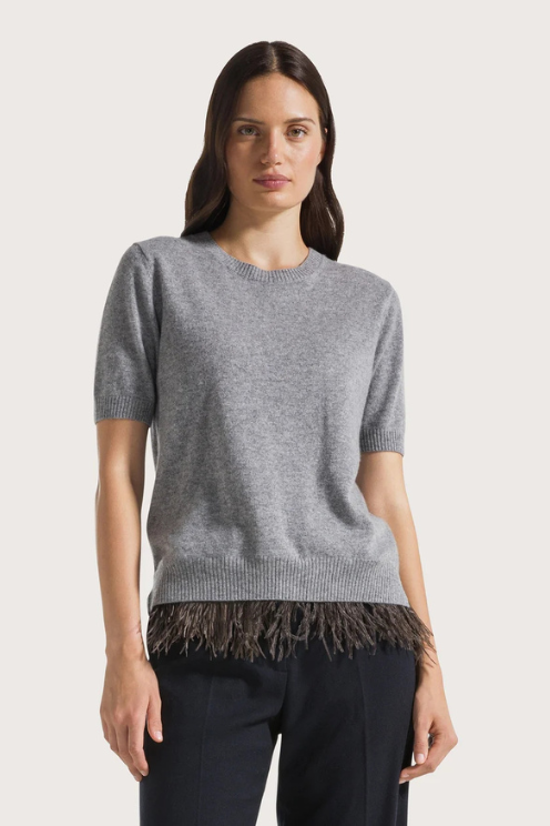 Cashmere Top with Feather Trim