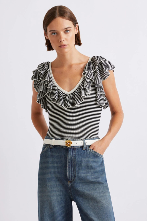 Ruffled Fine Rib-knit Top