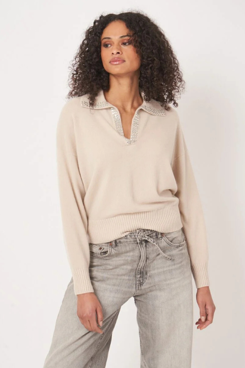 Loose Fit Cashmere Sweater w Embroidered Trim