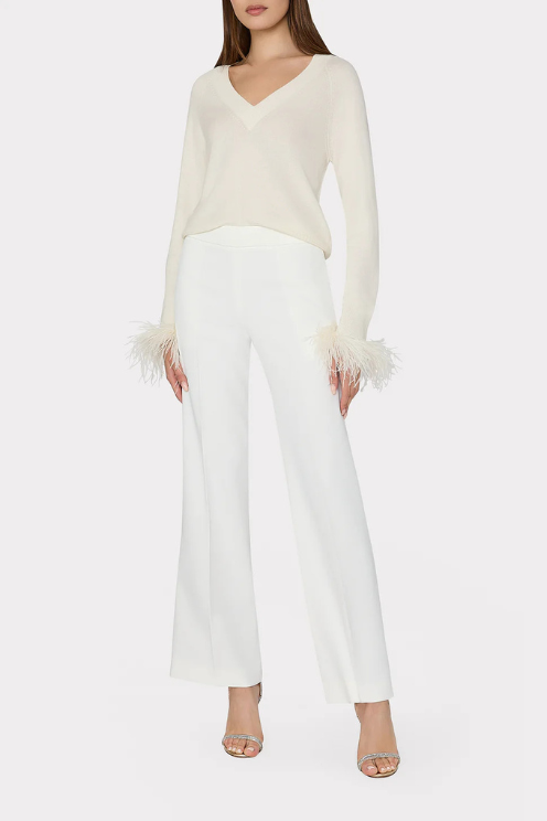 Feather Cuff V-Neck Sweater