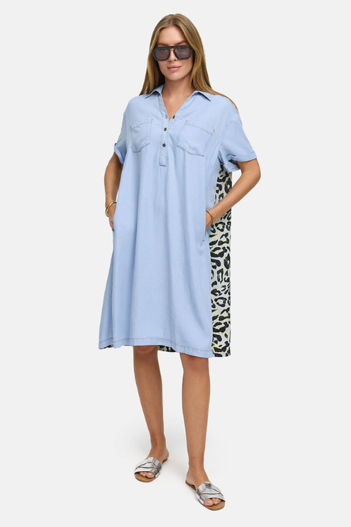 Mixed Print Denim Shirt Dress