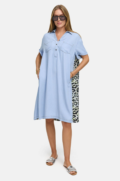 Mixed Print Denim Shirt Dress