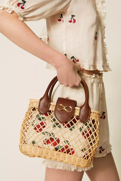 Whicker Shoulder Bag with Cherry Print
