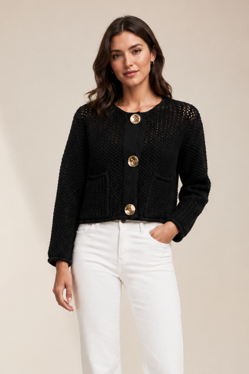 Open Knit Cardi with Oversized Buttons