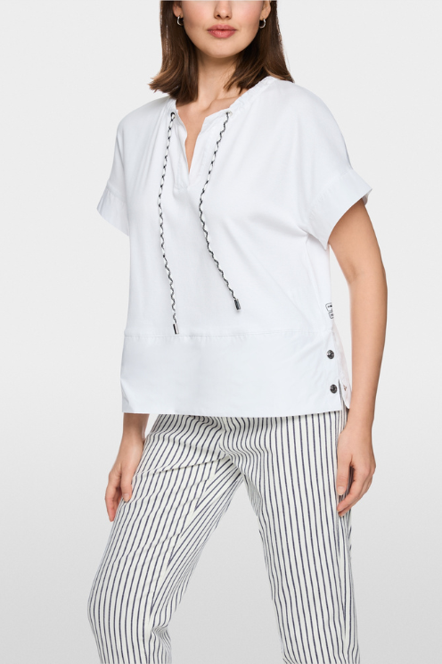 Drawstring V-Neck Mixed Media Blouse