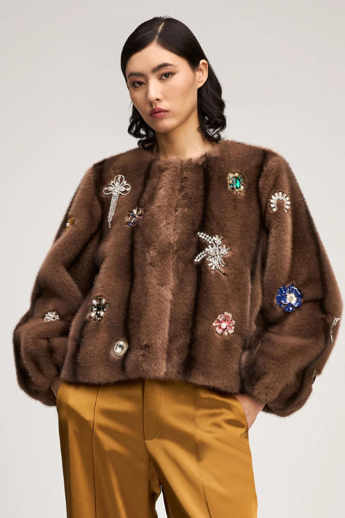 Jewel Clusters Faux Mink Benson Coat