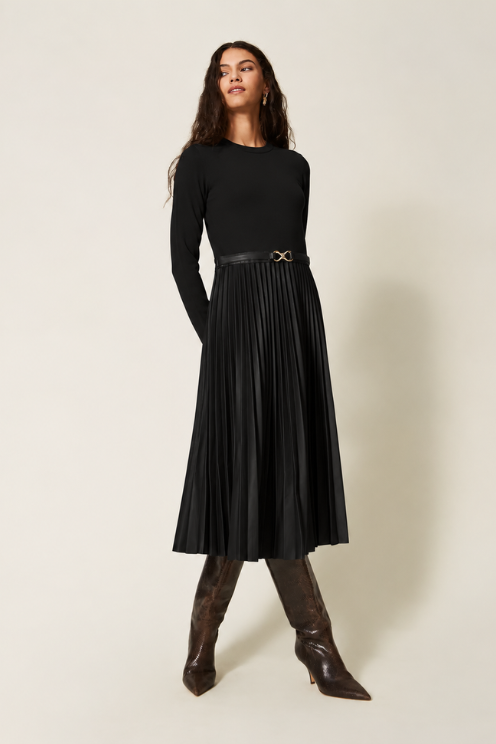 Knit Dress with Leather Skirt