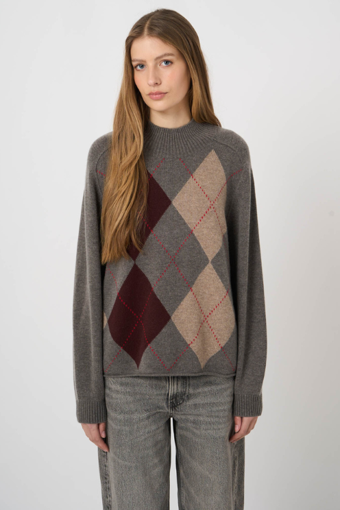 Wool-Cashmere Argyle Intarsia Sweater with Stand Collar