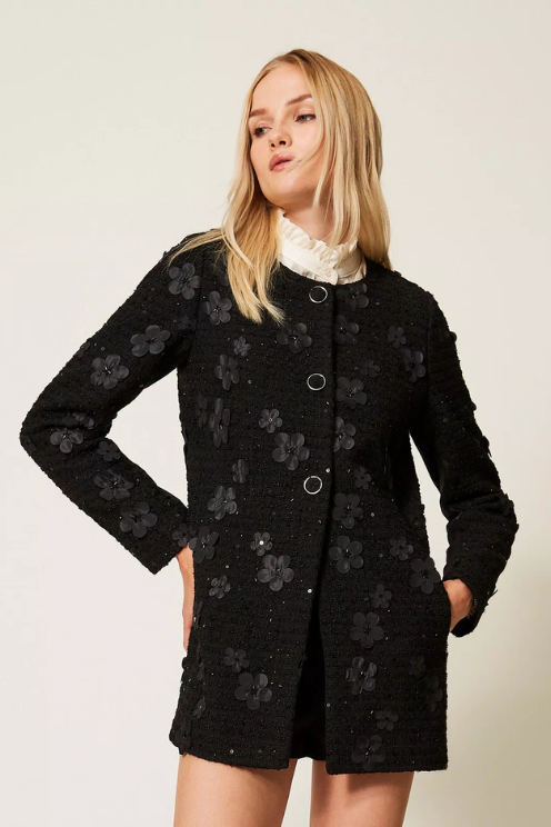 Bouclé Coat with Flowers