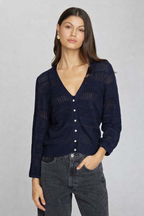 Pointelle 3/4 Puff Sleeve Cardigan