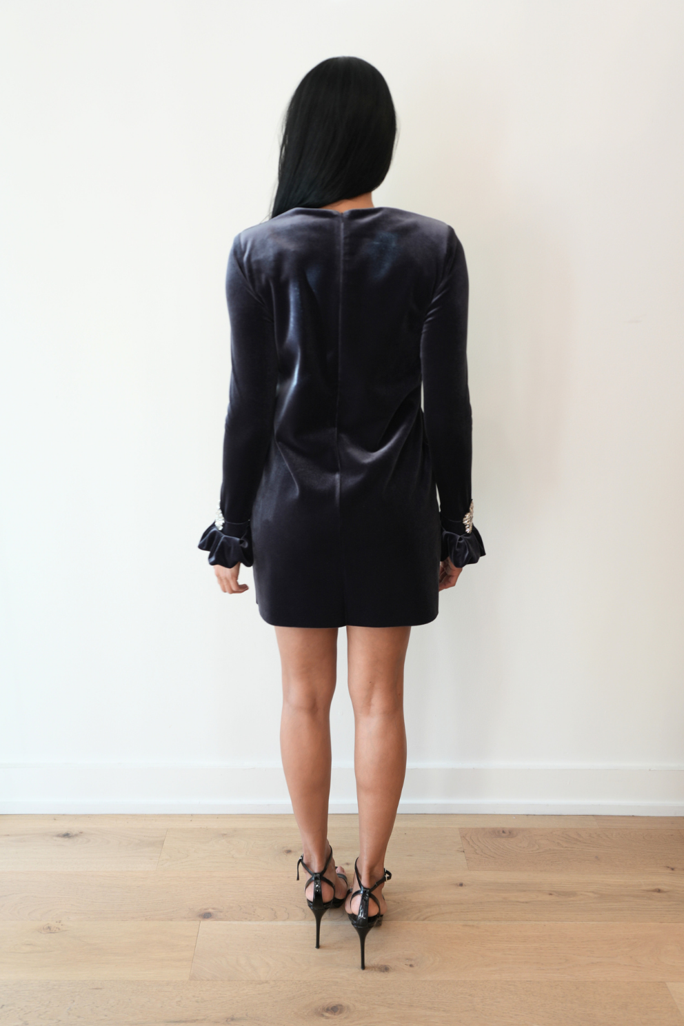 Embellished Cuff Mini Velour Dress